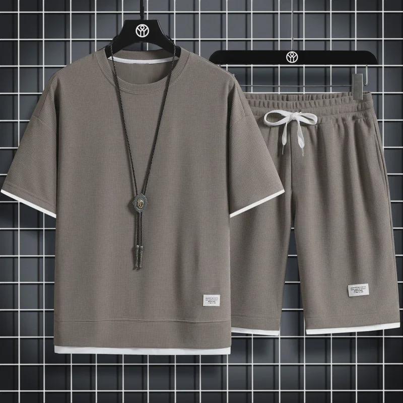 Men's Hong Kong Style Loose Two-Piece Waffle Sports Suit