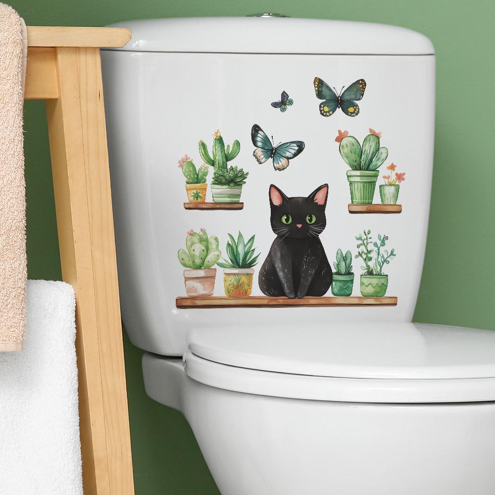 Grünpflanzen im Topf Schwarze Katze Toilette Badezimmer Toilette Heimverschönerung Dekoration Aufkleber