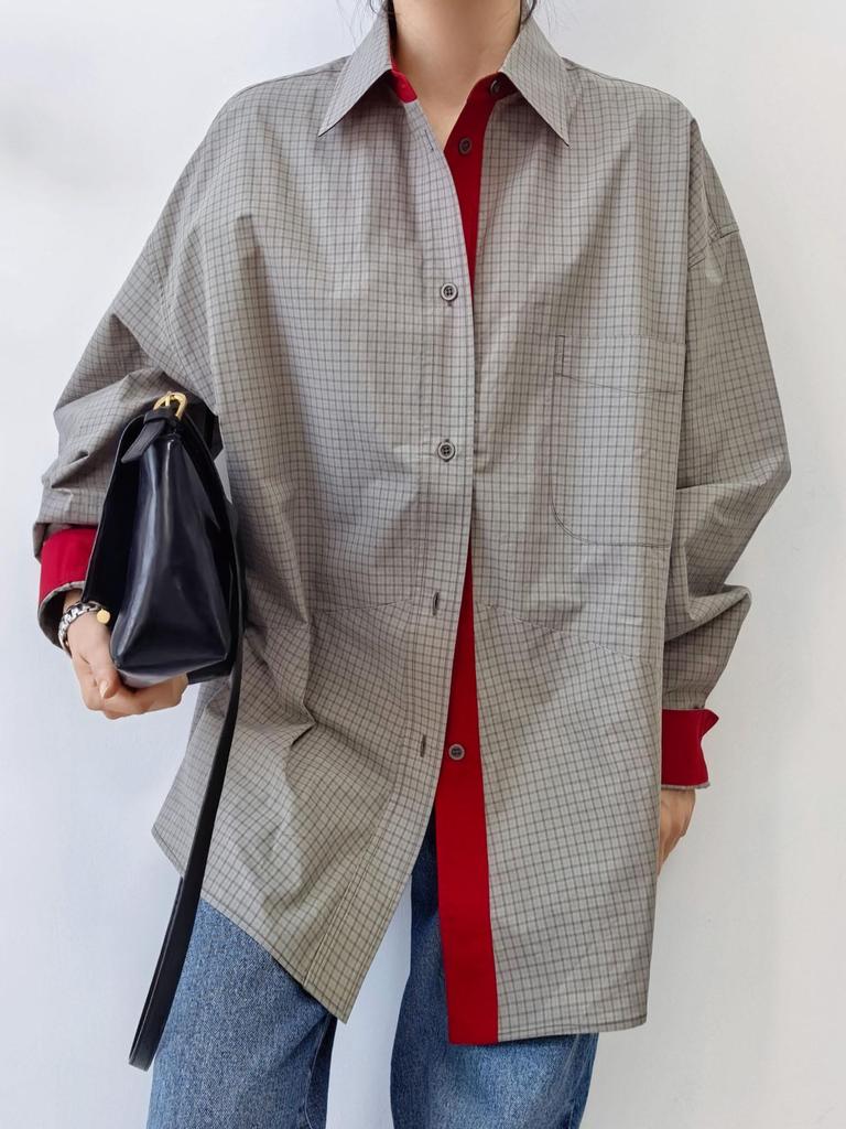 Damen Frühjahr Karoshemd - Kontrastfarben, POLO-Kragen, Mittellang, Übergroße Baumwollsilhouette