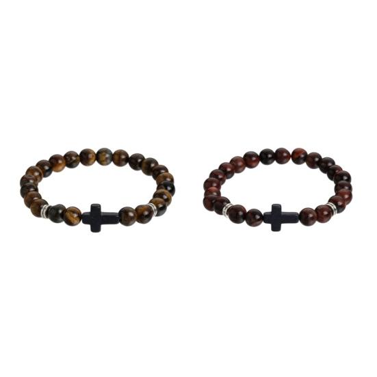 Cross Bracelet for Men Women Stone Beaded Cross Bracelet Elastic Stone Religious Wristband Jewelry Gifts for Christian