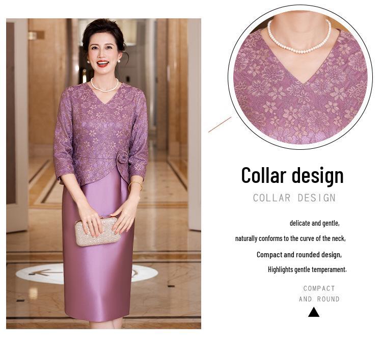 Robe Amincissante Élégante à Col en V pour Mamans - Jupe en Dentelle Violette