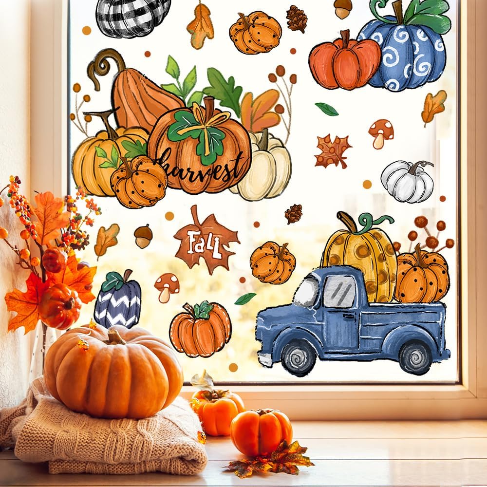 DIYDEC 6 Sheets Fall Window Clings Double-Sided Window Stickers with Orange Maple Leaves Pumpk Blue Truck Thanksgiving Window Decals for Autumn Home