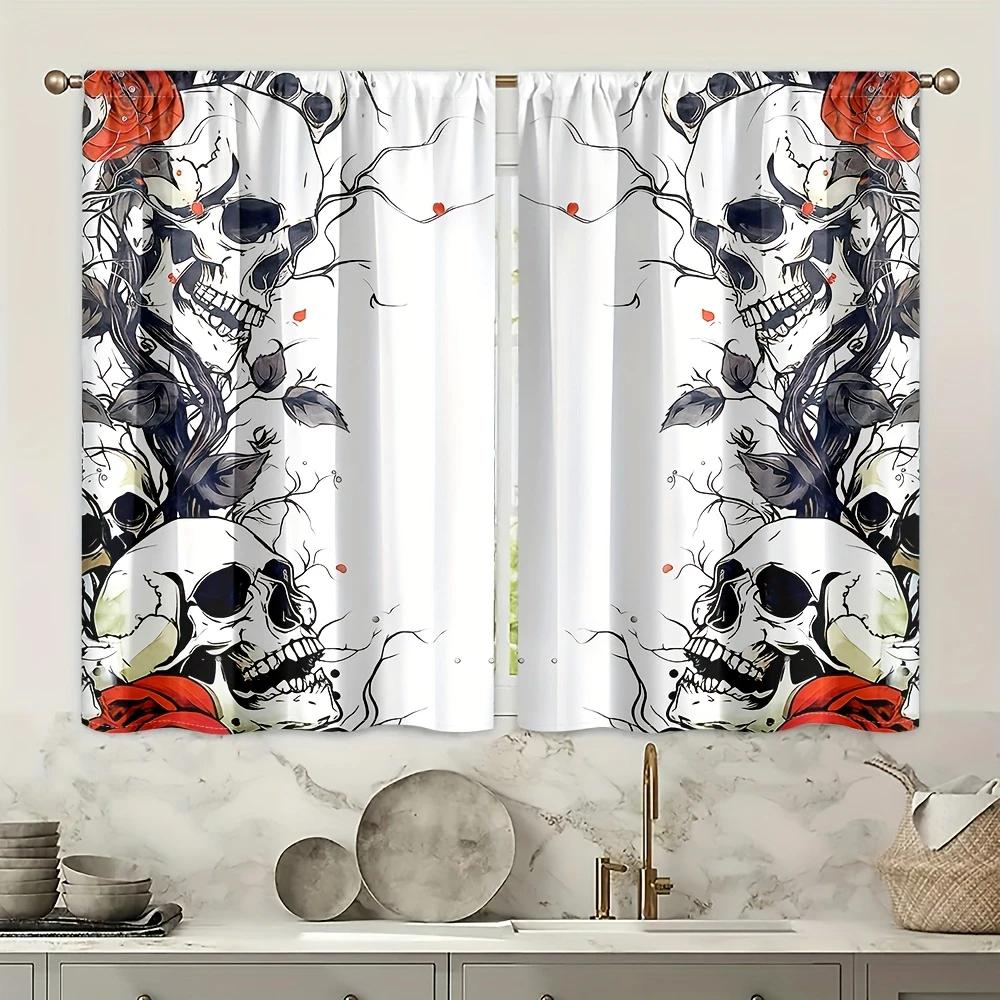 Halloween Gothic Style Skull Rose White Background Black Gray Red Printed Curtains Home Decorations Room Set Of 2 Made Polyester