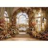 2D Vintage Conservatory Backdrop, Autumn Floral Arch with Lake and Sky Background Cloth