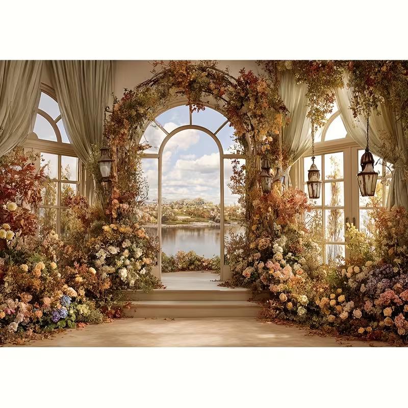 2D Vintage Conservatory Backdrop, Autumn Floral Arch with Lake and Sky Background Cloth