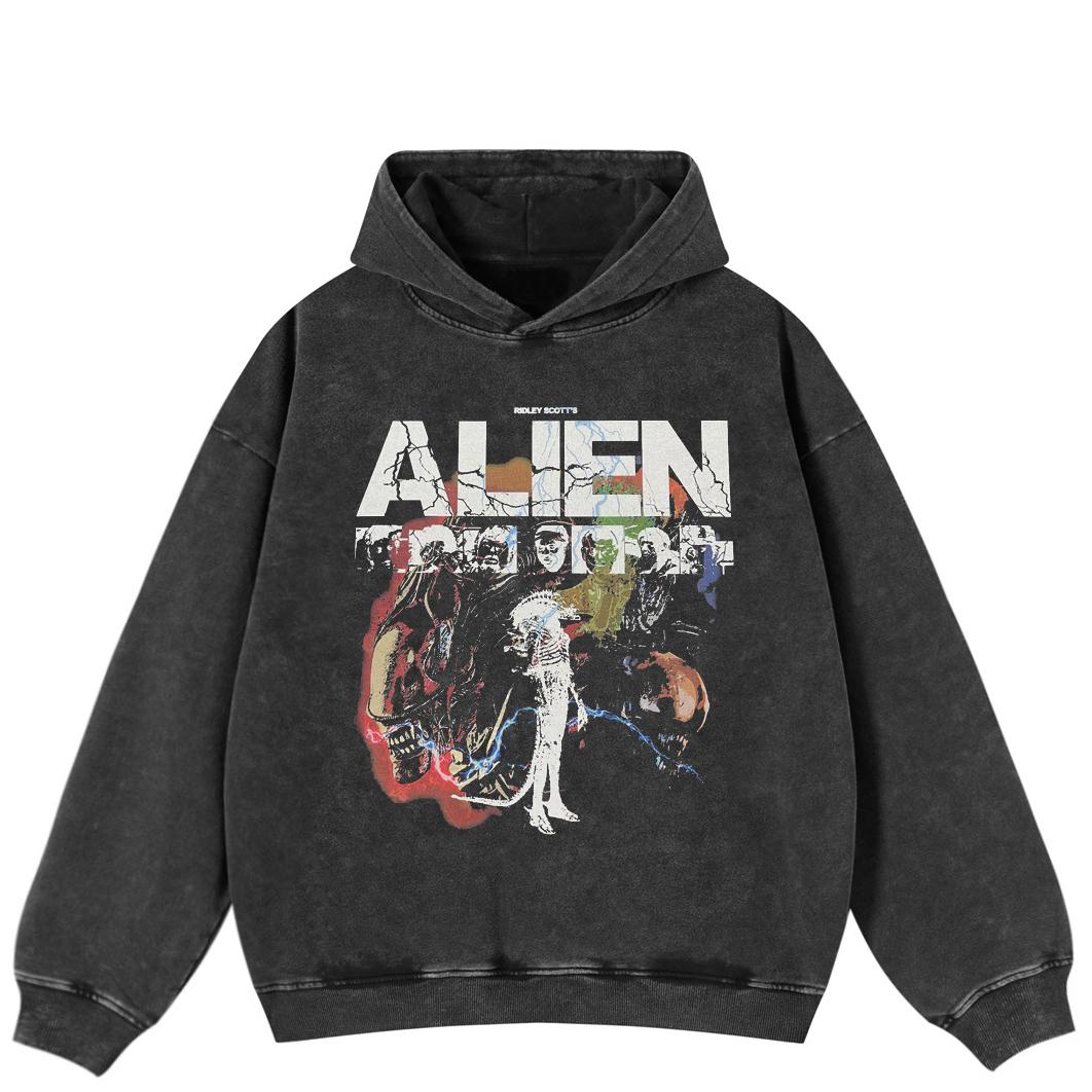 

Уличная одежда ALIEN Графический Пуловер Унисекс Оверсайз Худи Черного цвета с эффектом стирки и боковыми карманами XL чёрный