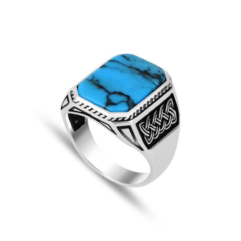 European and American Personality Retro Viking Totem Turquoise Men's Fashion Jewelry Punk Hip Hop Ring Ring