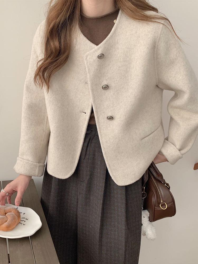 2025 Women's Elegant Korean Double-Sided Cashmere Coat, Round Neck Woolen Jacket, Versatile Short Design