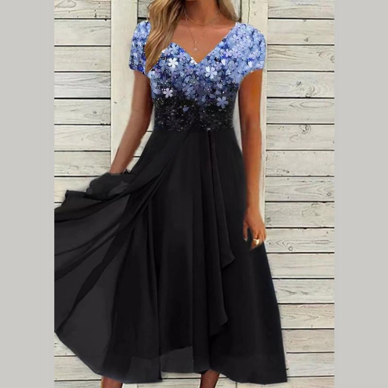 Moda damă vară primăvară culoare uni imprimeu mâneci scurte cu decolteu în V talie înaltă rochii casual