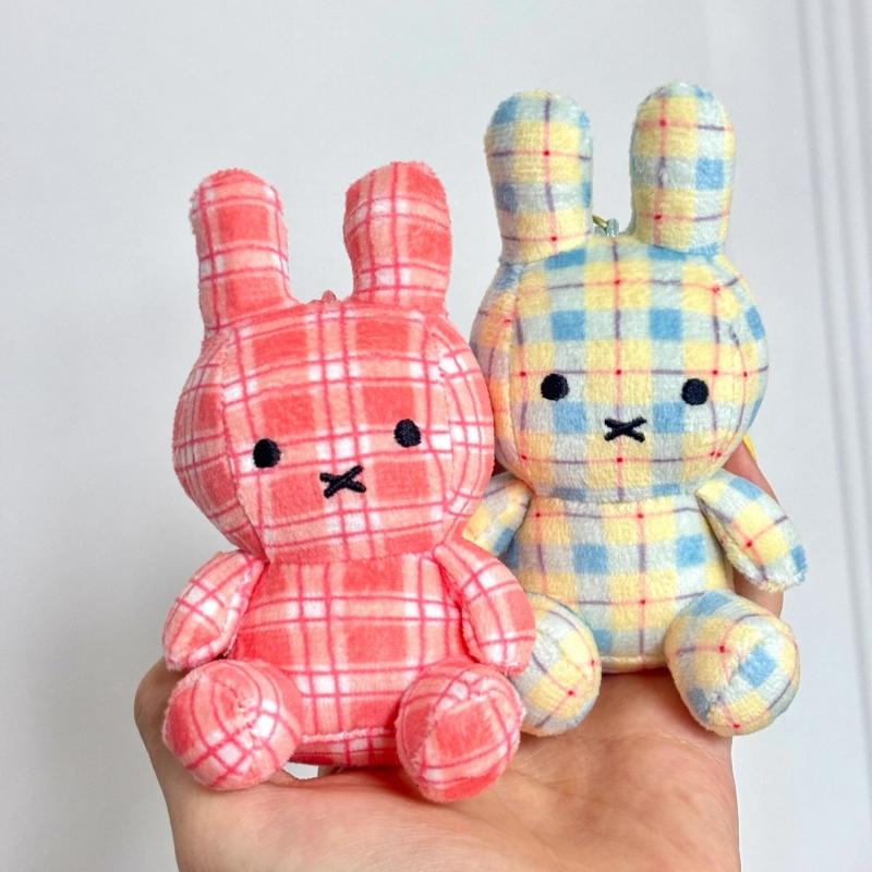 Vintage Plaid Miffy Bunny Plush Keychain Soft Fluffy Cartoon Rabbit Keyring Portable Nijntje Handbag Backpack Pendant Girly Gift