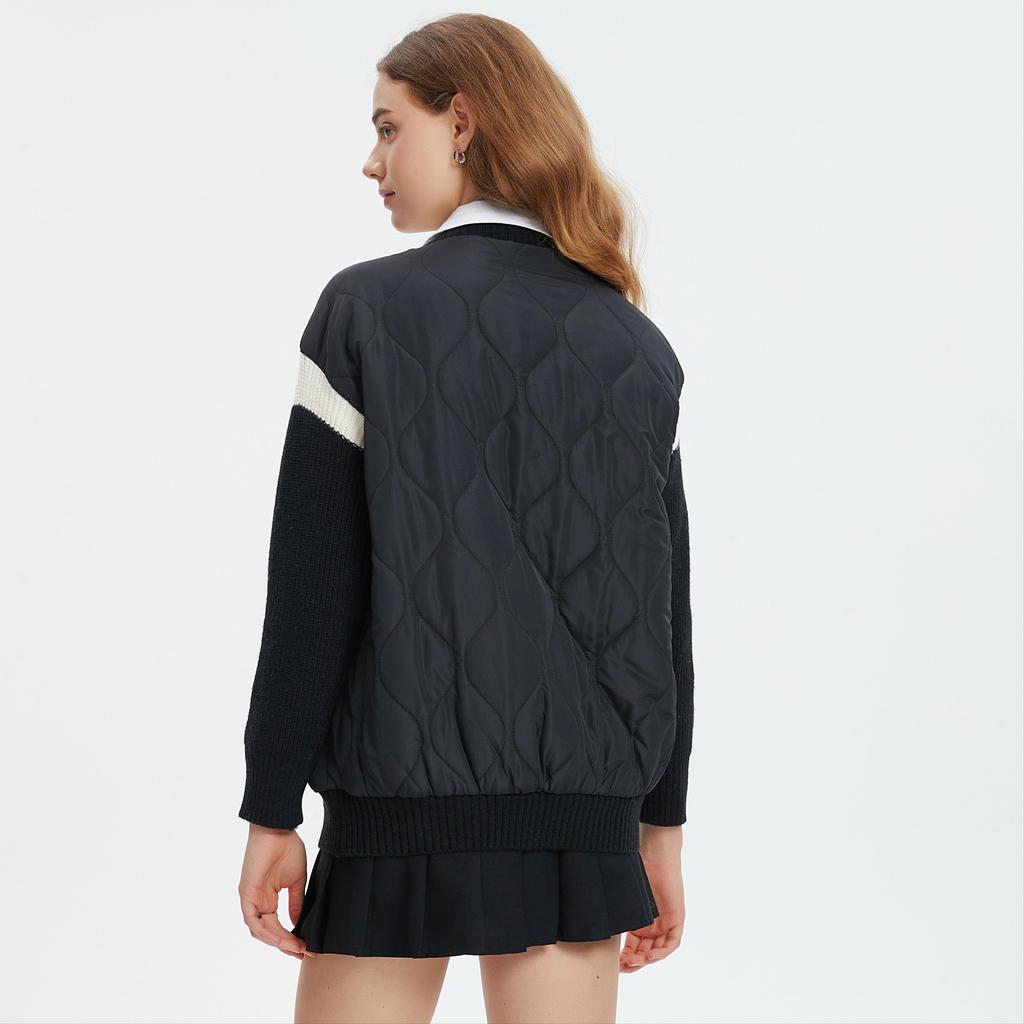 DIMANAF 2025 Mantel Damen Pullover Patchwork Wattiert Knöpfe Mantel Strickjacke Fake Zweiteiler Lockerer Pullover