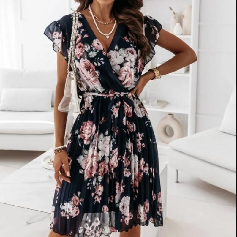 Fashion Women's Summer V Neck Casual Fashion Printed Pullover Short Sleeve  Dress