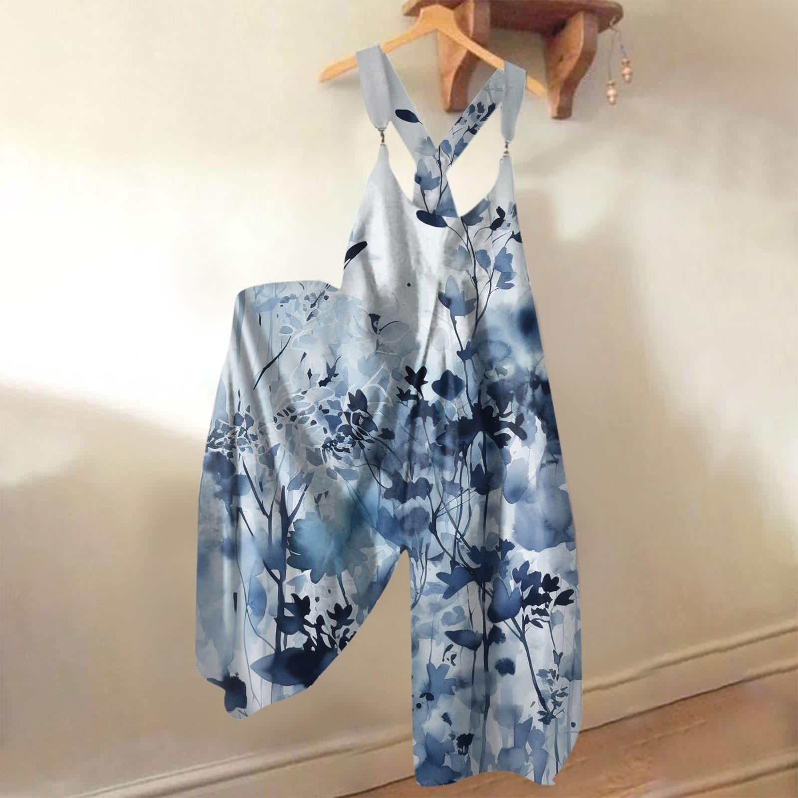 

Wide Leg Overalls For Women Casual Loose Sleeveless Jumpsuits Retro Print Metal Button Long Pant Romper Jumpsuit With Pockets XXL синій