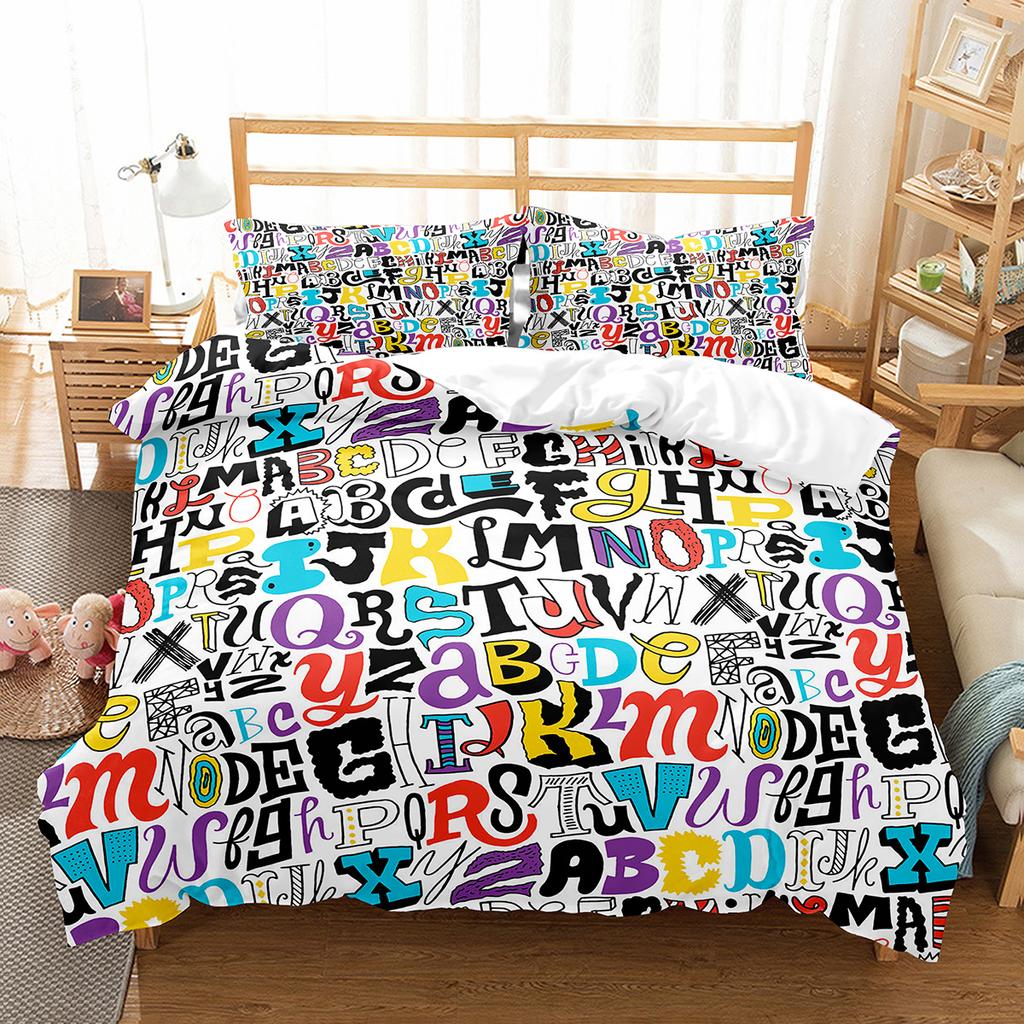 Alphabet Duvet Cover Set Colourful Letter Pattern Polyester Comforter Cover King Queen Full Size for Kids Boys Girls Bedding Set