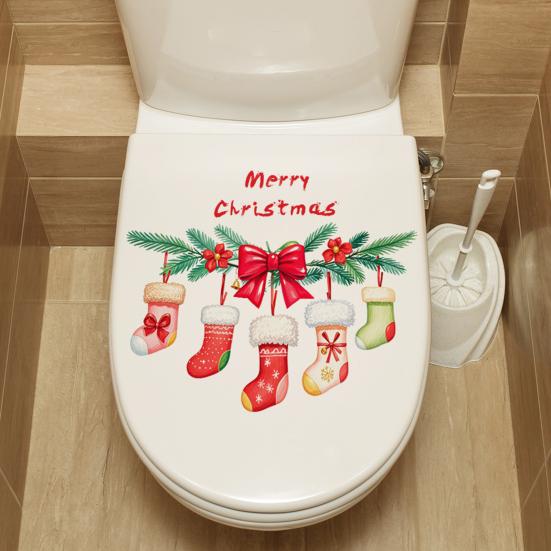 Yousheng  Merry Christmas Toilet Sticker Waterproof Self-adhesive PVC Living Room Bathroom Wall Santa Car Reindeer Stocking Toilet Seat Lid Decoration