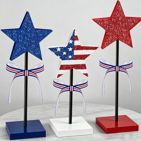 3 Pcs 4th of July Wooden Star Signs, Red White Blue Glitter Patriotic Star Table Centerpiece for Independence Day, Tiered Tray, Tabletop Decor
