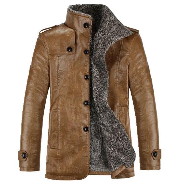 Windproof Warm Winter Coat Male Leather Fleece Motorcycle Coat Men's Plus Velvet PU Leather Jacket Casual Faux Leather Jacket