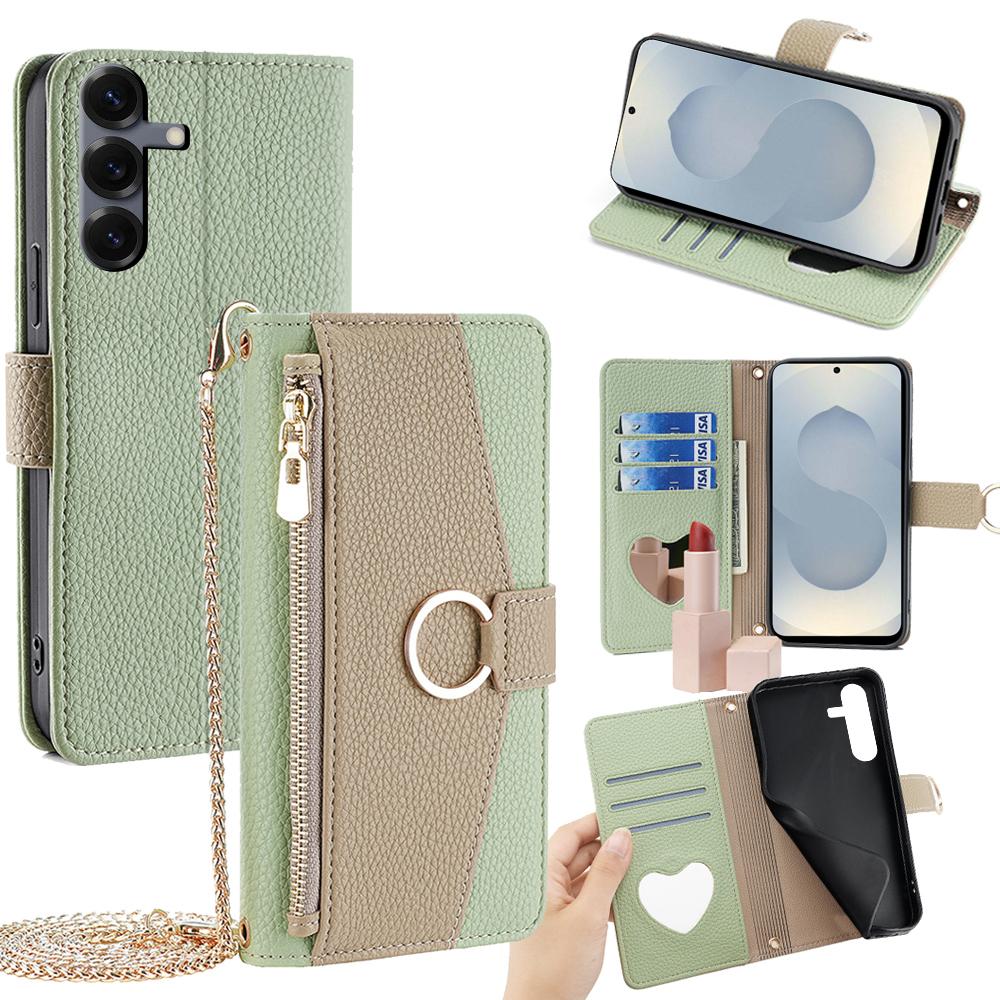 For Samsung Galaxy S25+ Case Mirror Wallet Leather Phone Cover with Chain Shoulder Strap