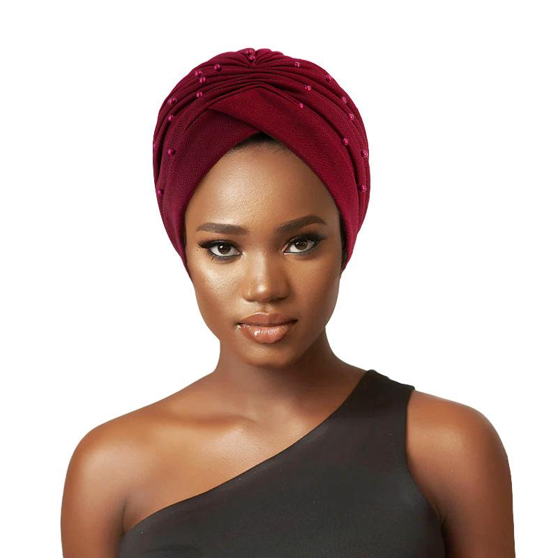 New Women Pearls Beaded Turban Hats Beanies Muslim Headwraps Ladies Hijab Stretch African Hair Loss Bonnet Chemo Cancer Cap