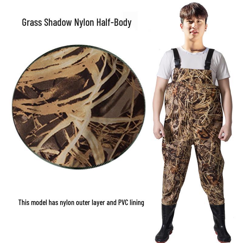 Men's Waterproof Fishing Gear: Rain Pants with Boots, Half-Body Suit, Leather Fork, Full-Body Water Shoes.
