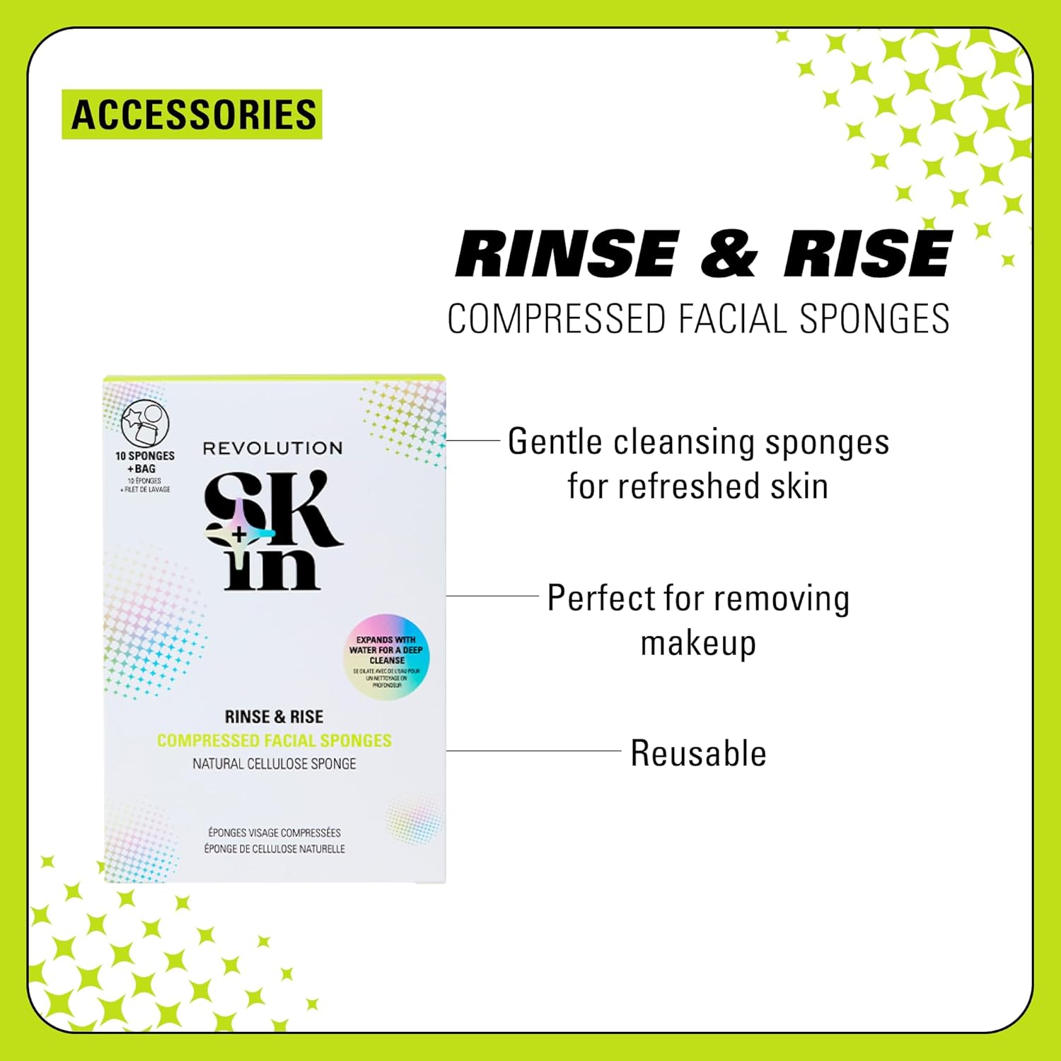 Revolution Skin, Rinse & Rise Compressed Cellulose Facial Sponges, Reusable Face Cleansing Pads, Removes Makeup, Pack of 10