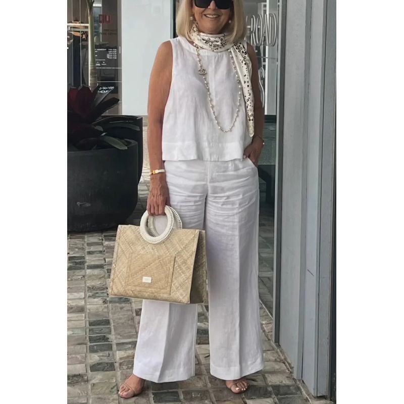 

Sleeveless Top and Wide Leg Pants Set Sleeveless Tops Wide Leg Pants Suit White XL