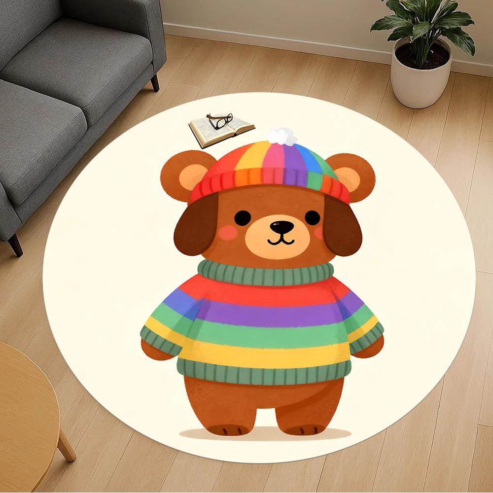 1pc Bear Rainbow Sweater Round Chair Mat Area Rug - Non-Slip, Floor Mat for Office, Bedroom, and Indoor Decor -Gift C1125002
