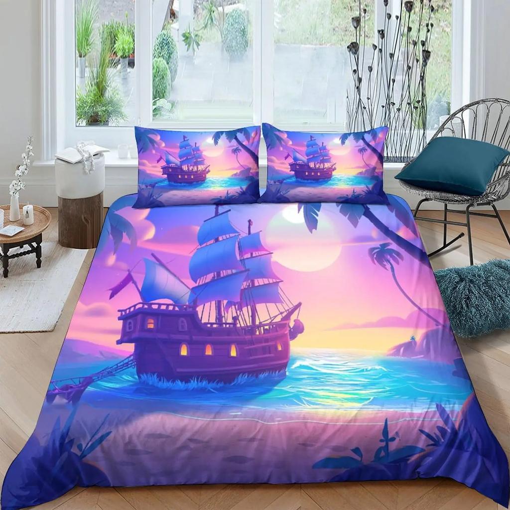 Sailboat Bedding Set Sailing Ship Comforter Cover Ocean Wave Nautical Duvet Cover For Kids Boys Girls Cartoon Ship