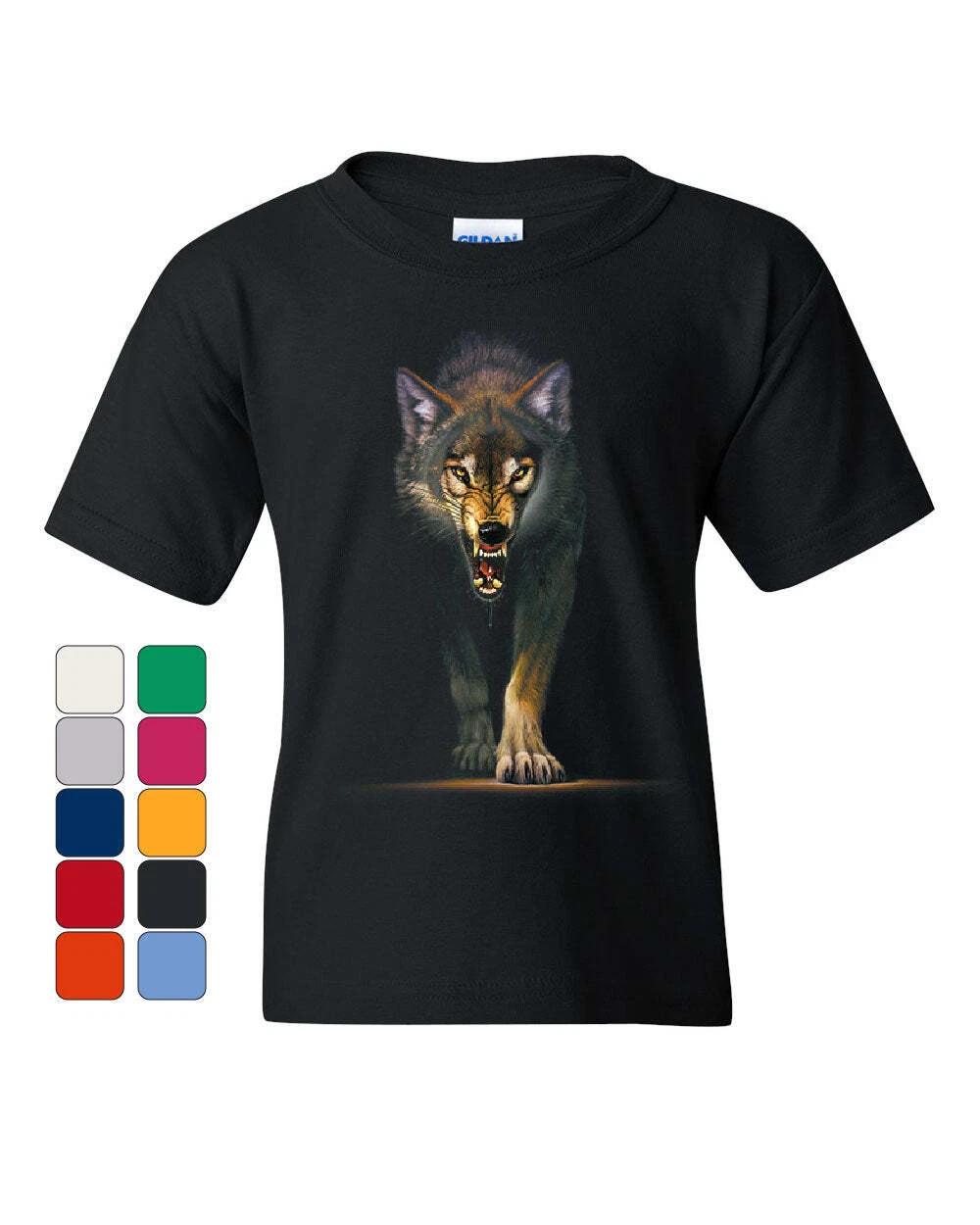 

Stalking Growling Wolf Youth kids boys T-Shirt Claws and Fangs Wolf On the Hunt Kids Tee 140
