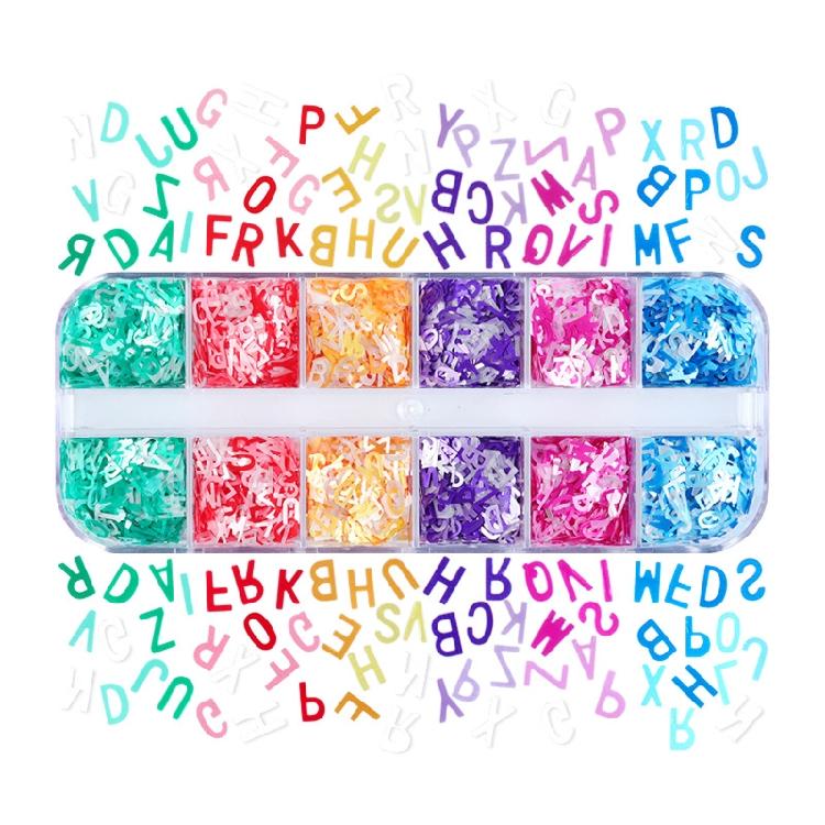 

12Grids/Box English Alphabets Thick Glitter Flakes Resin Epoxy Glitters Sparkles