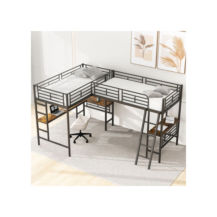 Lit superposé - MUVOE - 90x200cm - Métal noir - Escalier double - Haute sécurité