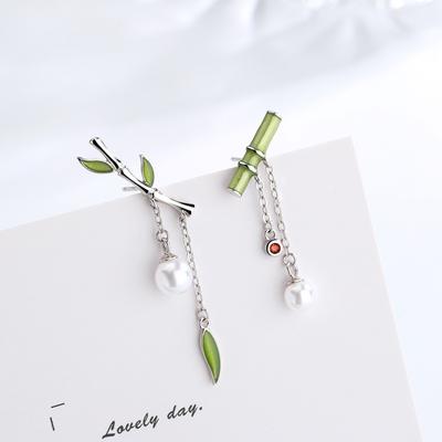 Retro Chinese Style Niche Asymmetrical Drip Glaze Bamboo Earrings Women's Small Fresh and Beautiful Fringed Earrings