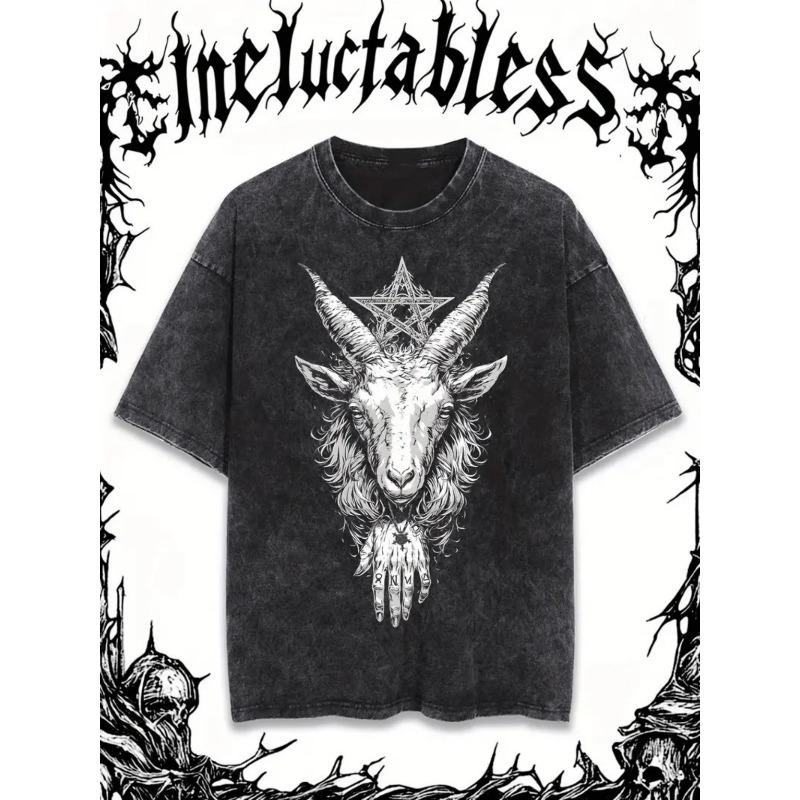 

European sizes Men S Summer T-Shirt Featuring a Washed Design with a Mysterious Goat And a Five-Pointed Star Print, Ideal for Outdoor Activities S чёрный