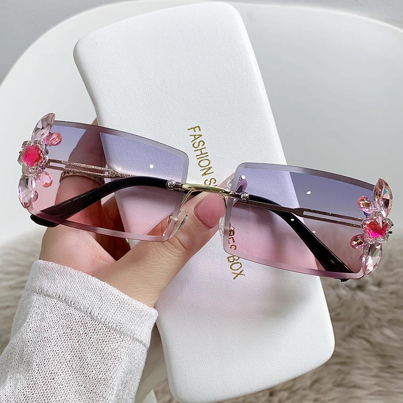 Rectangular Small Frame Diamond-inlaid Sunglasses Women's Small Face Round Face Sun Protection Sunglasses Trendy