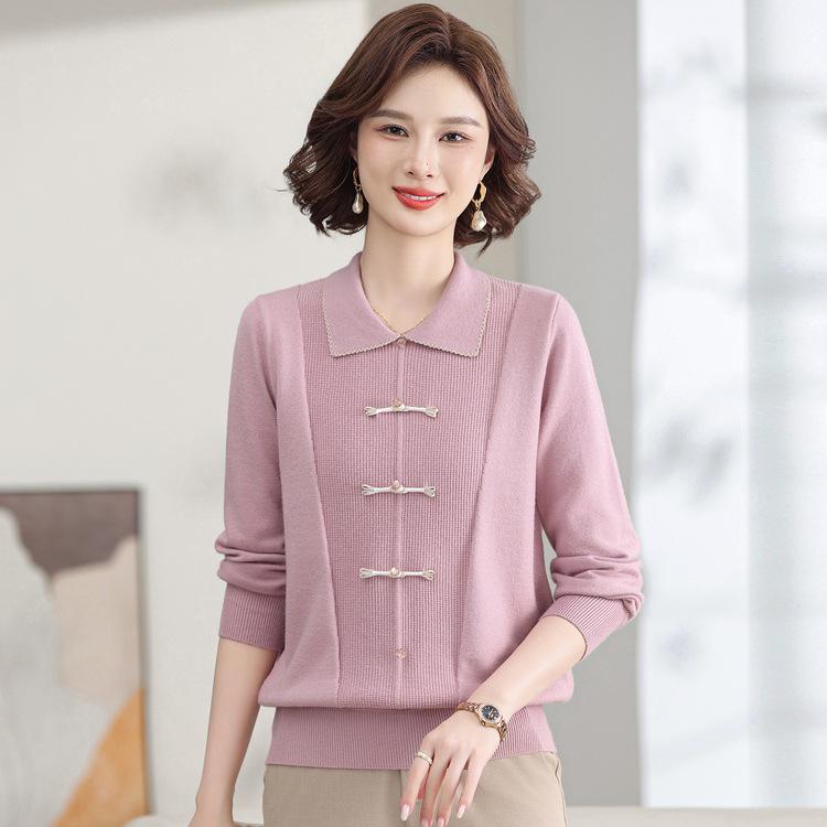 Mom's Autumn Clothes New Chinese Lapel Knitted Shirt Fashionable Middle-aged and Elderly Women's Spring and Autumn Long-sleeved Sweater Base Shirt Top