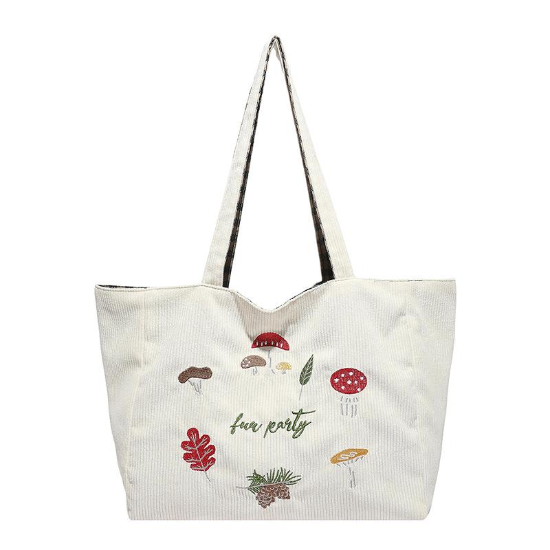 

Mushroom embroidered shoulder messenger bag corduroy plaid double-sided bag autumn and winter new retro student class bag 35*17*28 белый
