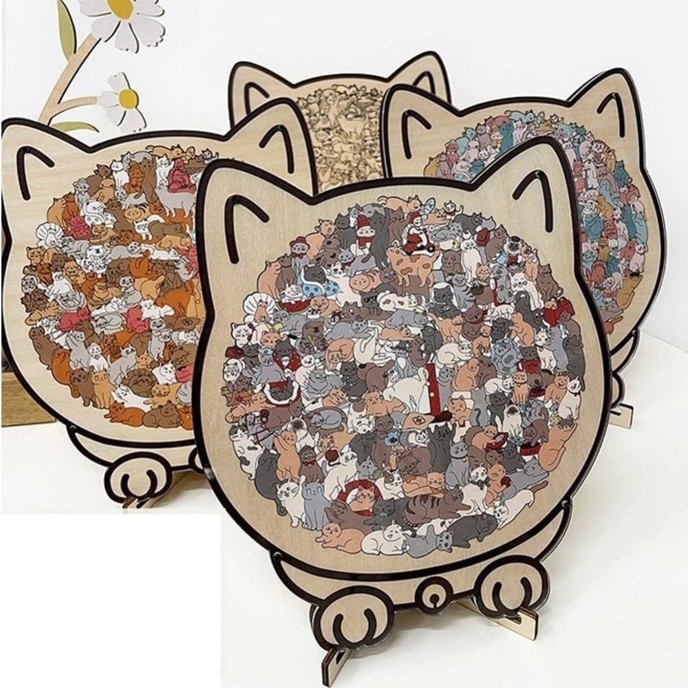 Macaron Color Cat Wooden Jigsaw Puzzle with Cat Silhouette Frame Animal Cats Decorative
