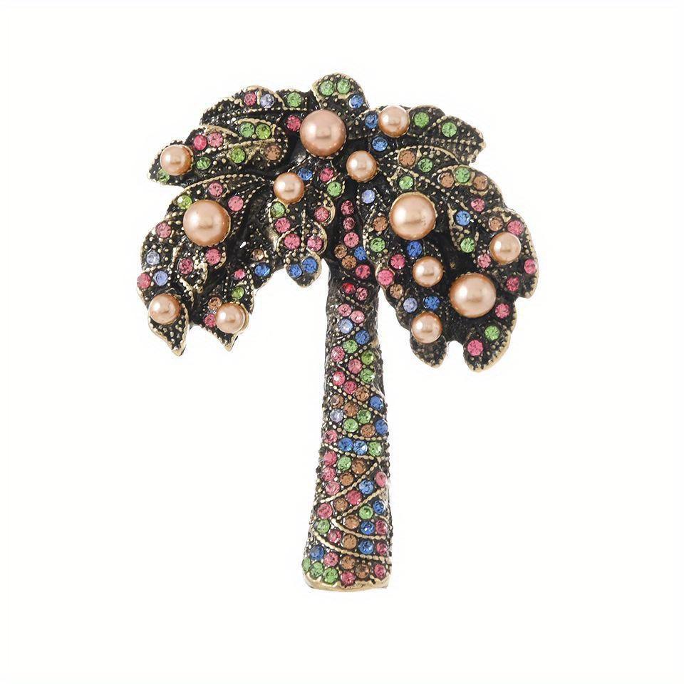 Women Men Fashion Crystal Heavy Industry Coconut Palm Brooch Pin Elegant Vintage Lady Plant Badges