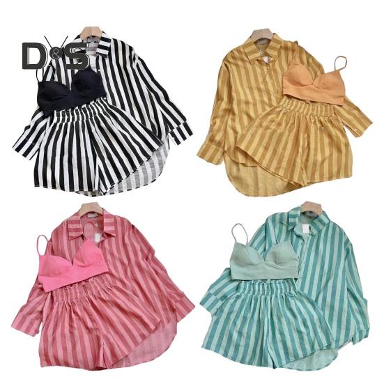 Dámská pruhovaná košile a šortky Sada Dvoudílný oblek Volný střih Ležérní košile Kalhoty Jednobarevný Top s dlouhým rukávem Krátké letní outfity pro ženy