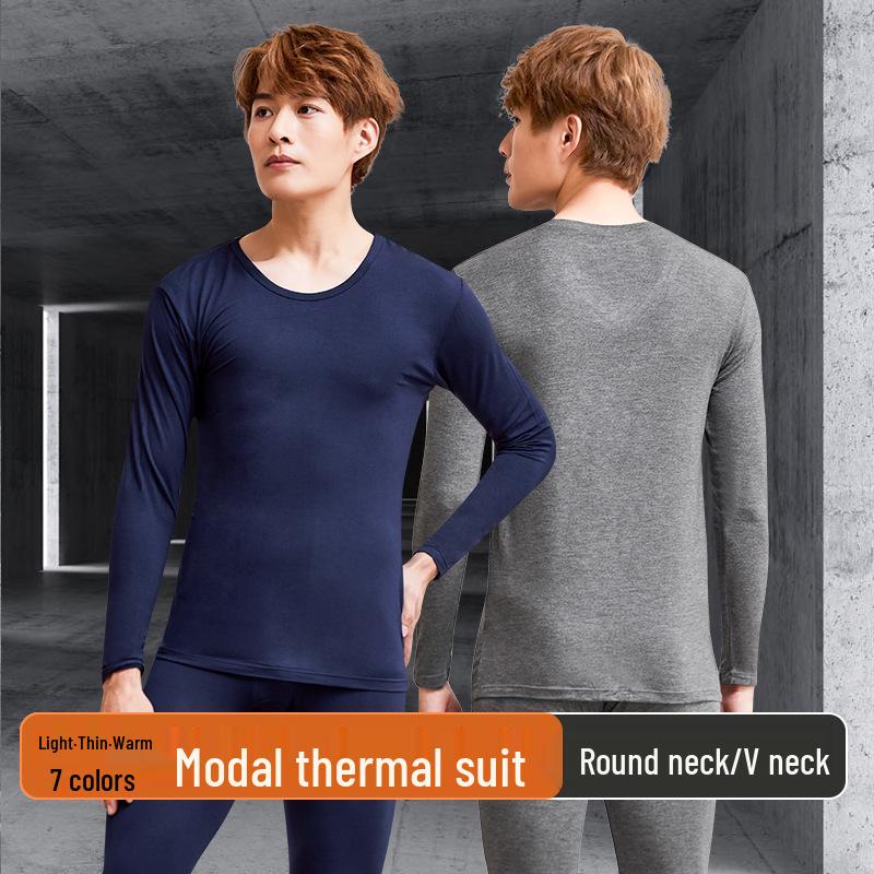 Men's Ultra-Thin Modal V-Neck Slim Fit Autumn Base Layer Set, Warm and Plus Size.