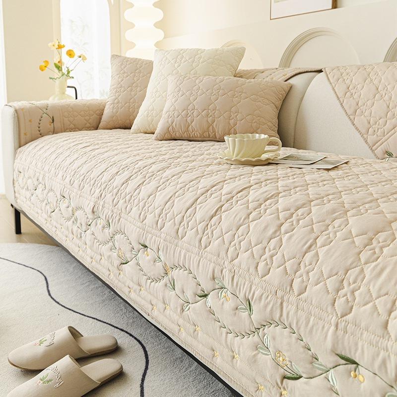 Washable Cotton Embroidered Sofa Cushion Slipcover, Modern Non-Slip Couch Cover Protector