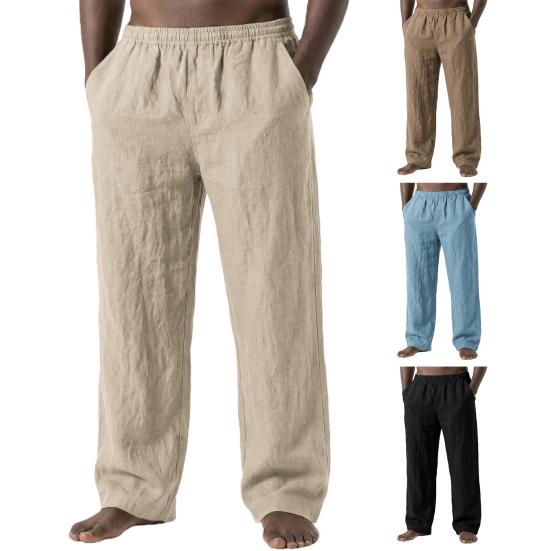 Men Linen Casual Pants Breathable Loose Fit Summer Trousers Solid Color Holiday Pants for Travel Beach Vacation