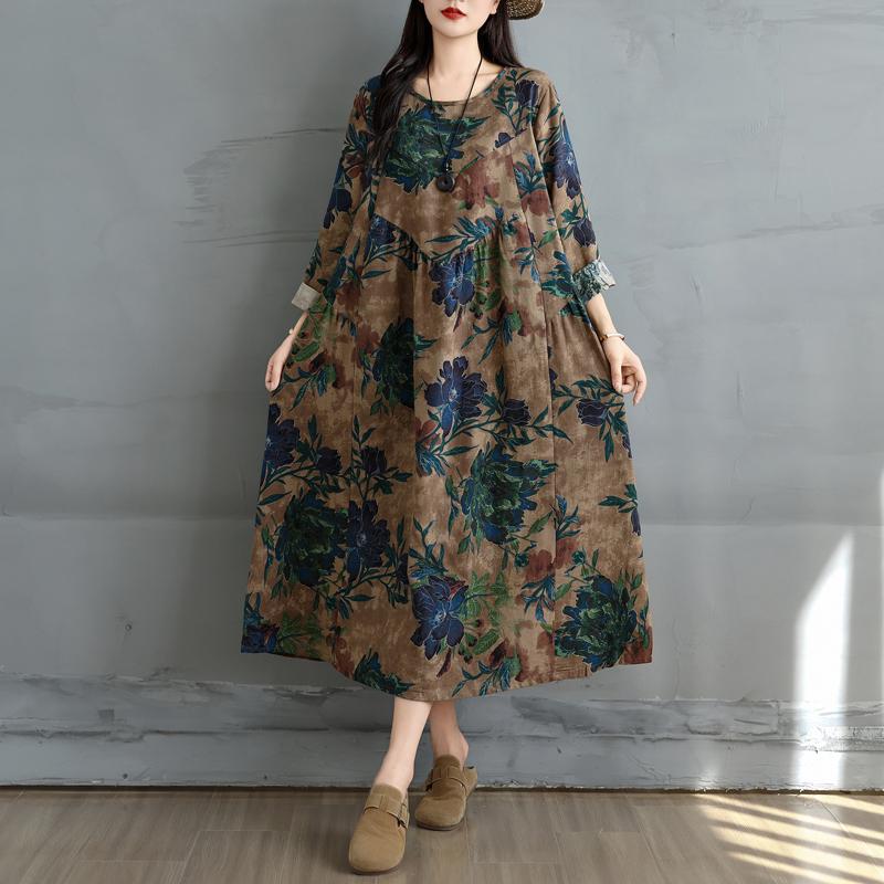 Dimanaf 2025 Dámské nadměrné jarní dlouhé šaty Volné základní s potiskem Vintage ležérní květinové Nadměrné Dlouhý rukáv Maxi