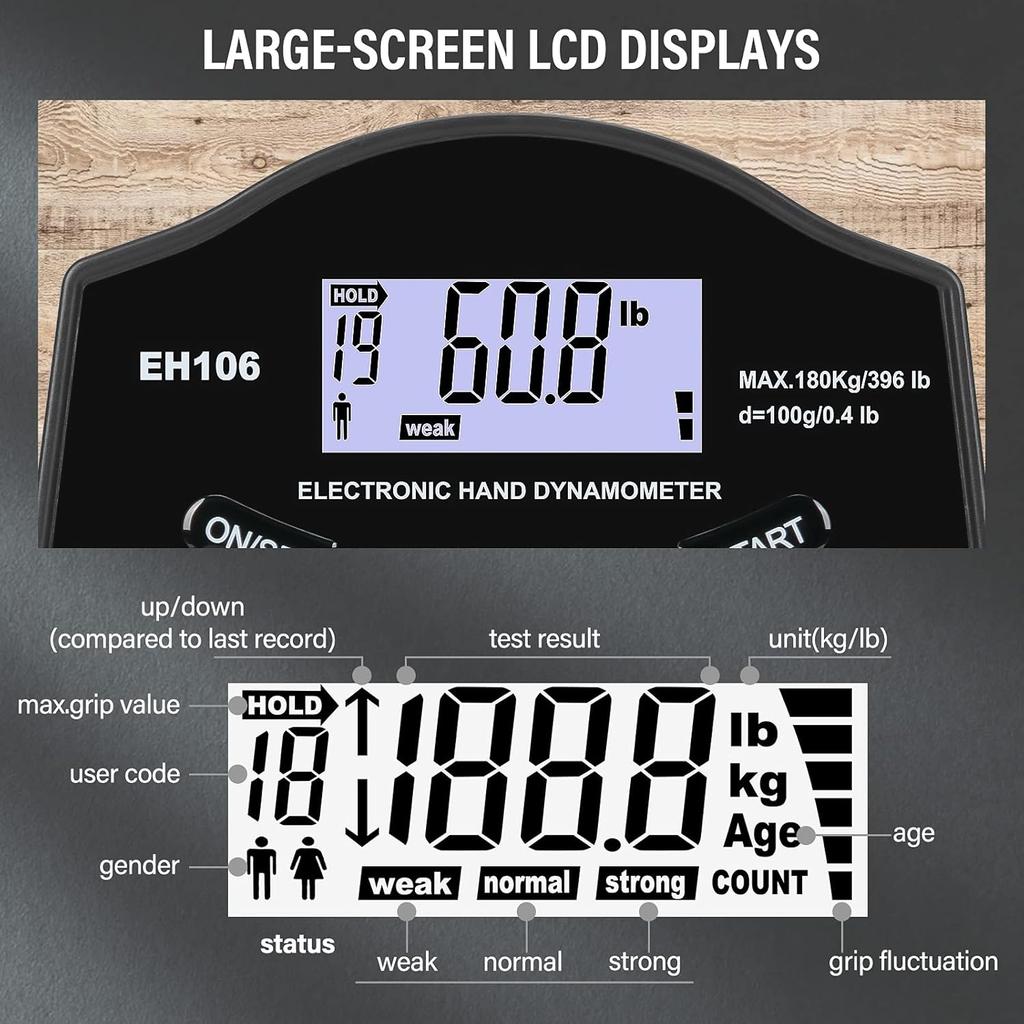 Grip Strength Tester, 396Lbs/180kg Digital Hand Dynamometer Grip Strength Meter USB Rechargeable Bright LCD Screen Hand Grip Dynamometer for Sport,