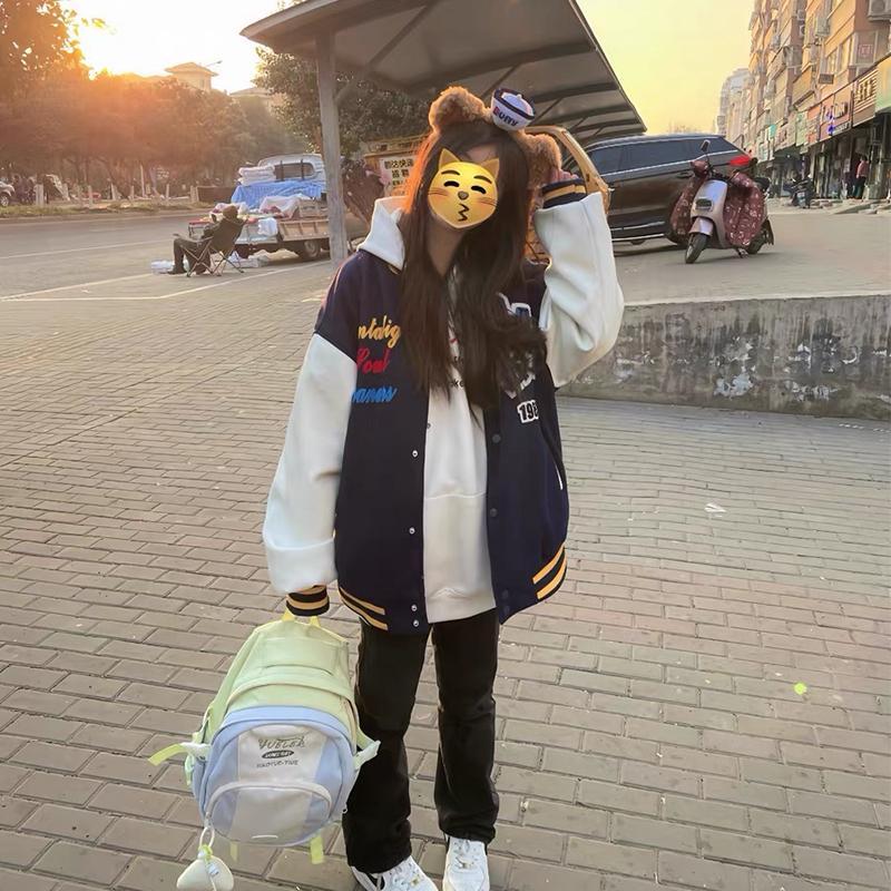 Women's Embroidered Letter Guochao Baseball Jacket - Color Block, Loose Fit, Ideal for Spring & Autumn, Suitable for Middle & High School Students