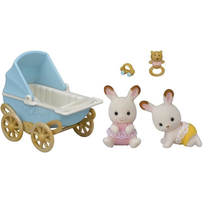 Figurine miniaturale - SYLVANIAN FAMILIES - Gemenii Iepure Ciocolatiu și căruciorul lor dublu