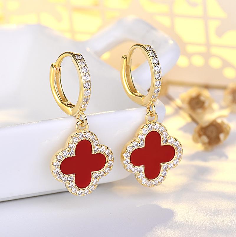 High-end Four-leaf Clover Earrings for Women, Small Fragrance Style Earrings, Light Luxury Flash Diamond Zircon Earrings