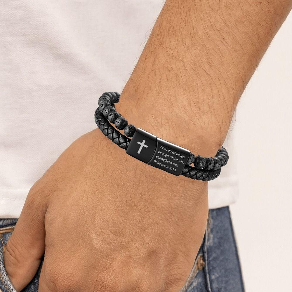 Leather Lava Rock Bead Bracelet Black Inspirational Quotes Bracelets Husband