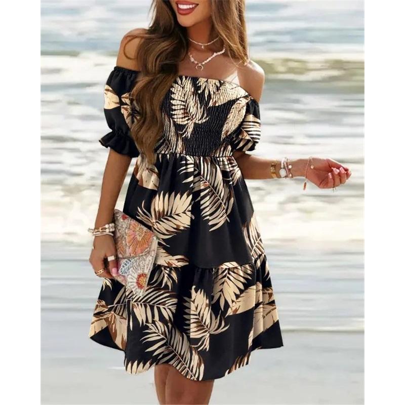 Short-sleeved One-shoulder Waist Pleated Printed Dress