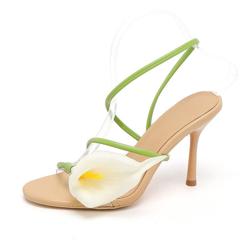 Luxury Flower Calla Lily Summer Vacation Stiletto Thin Heel High Heels Sandals Shoes for Women